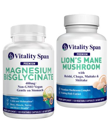 Magnesium Bisglycinate 400mg + Lion s Mane 4:1 Extract Complex Bundle Calm & Relaxation + Focus & Clarity 120 + 120 Veg Capsules, Made in USA
