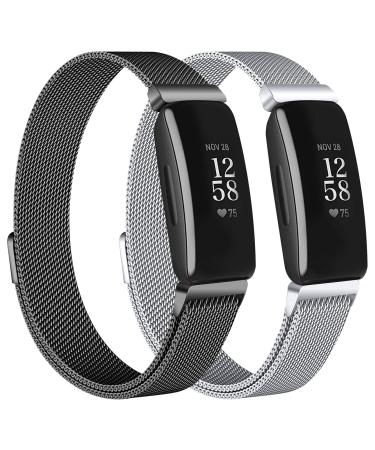 OCEBEEC 2-Pack Bands Compatible with Fitbit Inspire 2/ Inspire HR/Inspire, Stainless Steel Metal Mesh Loop Wristband Replacement for Fitbit Inspire Fitness Tracker Women Men Silver/Black