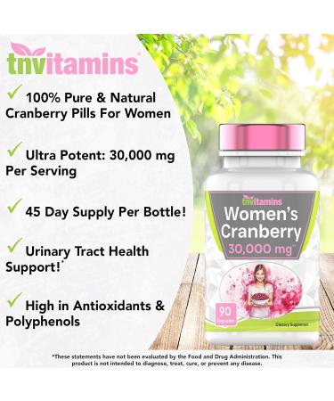tnvitamins Cranberry Pills for Women: 30 000 mg - 90 Capsules | Urinary Tract Health & Support* | Cranberry Concentrate Extract Vitamin Supplement for Women | Non-GMO | Made in The USA! 90 Count (Pack of 1) - Buy Online on GoSupps.com