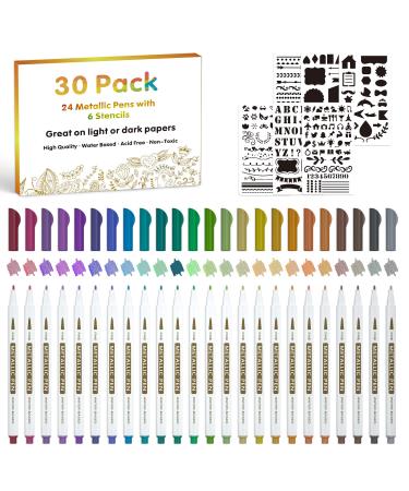 30 Pack Metallic Marker Pens, Lineon 24 Colors Fine Tip Paint Pens with 6 Stencils for DIY Craft Photo Album Rock Art Painting Card Making Glass Wood 30Pack
