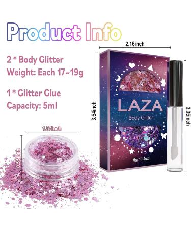 Laza Body Glitter Set - Iridescent Chunky Sequins with Glitter Glue for Women, Festival & Party Makeup, Hair & Outfit Accessories - Pink - Buy Online on GoSupps.com