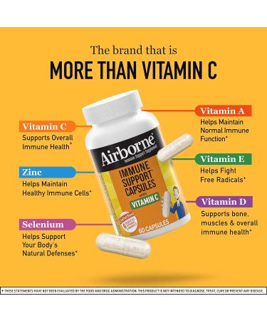 Airborne Vitamin C 500mg Capsules with Zinc & Selenium - Immune Support Supplement for Adults - Antioxidant Vitamins A, C, E & D - 60ct Bottle - Buy Online on GoSupps.com