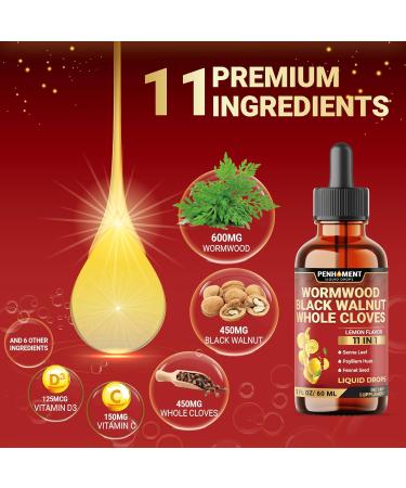 Penhoment 11in1 Wormwood Liquid Drops with Black Walnut Cloves, Vitamin C and D3 & 6 More - 2 FL OZ for 60 Days - Lemon Flavor - Buy Online on GoSupps.com