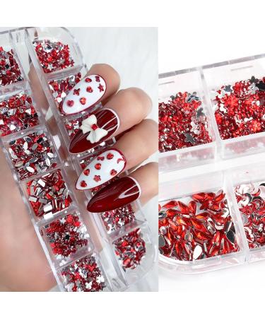 Nail Gems 2 Plates Rhinestones for Nail Art 2 Colors 12 Grids Different Shape 3D Nail Art Gems with Rhinestone Picker Dotting Pen for Professionals Beginners Nails Salon Clothes Craft Style1 Red - Buy Online on GoSupps.com