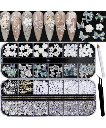 RODAKY 3D Nail Charms for Acrylic Nails Butterfly Flower Bear Nail Art Crafts Diamond for Nails Decoration Pearl Metal Nail Flatback Gem Crystal Rhinestones for Nail Design Charms DIY Crafts