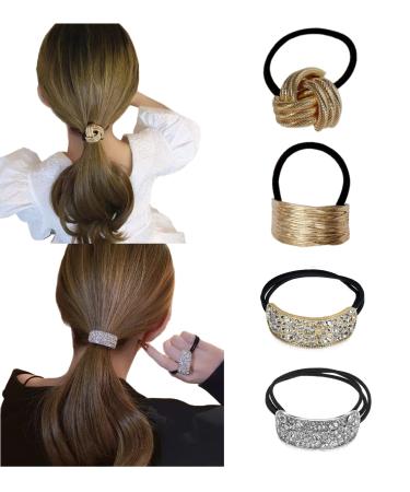 Harley Rhinestone Ponytail Holder Hair Cuffs For Ponytails Gold Ponytail Cuff Women'S Ponytail Headband4pcs