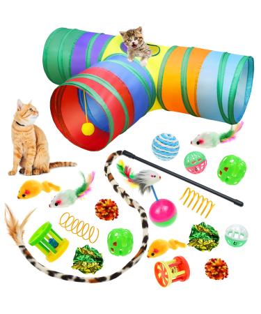 Malier Cat Toys Kitten Toys Set, Collapsible Cat Tunnels for Indoor Cats, Interactive Cat Feather Toy Fluffy Mouse Crinkle Balls Cat 3 Way Tube Tunnel Toys Kitty Toys for Cat Puppy Kitty Kitten A-Rainbow