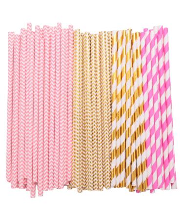 Pzhoais Biodegradable Paper Straws 100 Pink for Party Supplies Birthday Wedding Bridal/Baby Shower Decorations and Holiday Celebrations