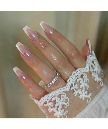Glazed Press on Nails - Medium Length Coffin Chrome Glossy Pearlescent Pink with White French Tips | Reusable 24Pcs Fake Nails for Women & Girls - Buy Online on GoSupps.com
