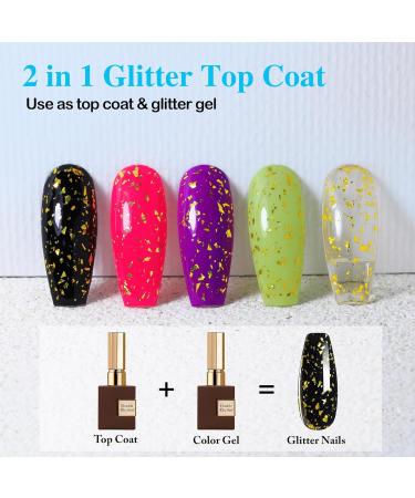 Double Rhythm 15ML No Wipe Gel Top Coat & Base Coat | Iridescent Glitter 2-in-1 Nail Polish for DIY Home Salon - Soak Off Manicure (Gold - Buy Online on GoSupps.com