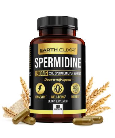 Earth Elixir Spermidine Supplements 1200mg (90 Capsules) Anti Aging - 3rd Party Tested (12mg Spermidine Powder) Max Purity - 100% Pure Espermidina- Fermented Wheat Germ Extract - NMN Alternative