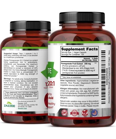 Zazzee Extra Strength Pomegranate 20:1 Extract 5000 mg Strength 40% Ellagic Acid 120 Vegan Capsules 4 Month Supply Standardized Concentrated 20X Extract 100% Vegetarian All-Natural and Non-GMO - Buy Online on GoSupps.com