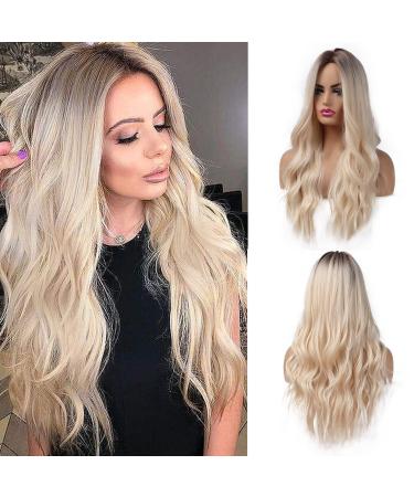 Esmee 26 Inches Long Blonde Wigs for Women Natural Synthetic Hair Ombre Blonde Wig with Dark Roots Synthetic Wig Loose Wavy Wigs Heat Resistant