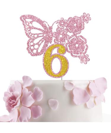 Tenhaisi Pink & Gold 3D Butterfly Flower Sign 6 Cake Topper - Happy 6th Birthday/Anniversary Party Decoration 3D Cake Topper- Girls 6th Birthday Party Supplies