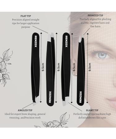 Renzox 4pcs Tweezers for Facial Hair Women & Men Hair Removal Eyebrow Tweezers Professional Stainless Steel Black Color Coated tweezer Set Slanted & Pointed Tip for ingrown Hair with Leather Pouch - Buy Online on GoSupps.com