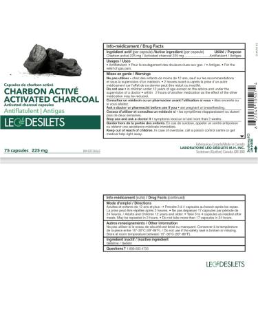 Leo Desilets Activated Charcoal | 225mg of Activated Charcoal per Capsule | Helps Relieve Bloating and Gas Pains | GMO & Pesticide Free | 75 Capsules - Buy Online on GoSupps.com