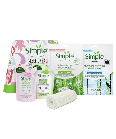 Simple Sleep Over Set including sheet masks to cleanse and hydrate with a cotton cleansing face cloth Festive Gift Set for Women & Girls 4 piece