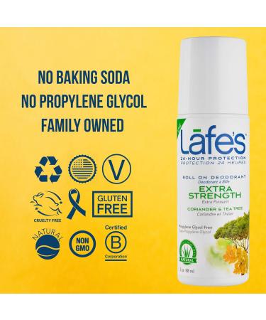 Lafe's Natural Deodorant | 3oz Roll-On Aluminum Free Natural Deodorant for Men & Women | Paraben Free & Baking Soda Free with 24-Hour Protection | Extra Strength - Coriander & Tea Tree - Buy Online on GoSupps.com
