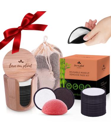 Love Our Planet Reusable Makeup Remover Pads I 18 Reusable Cotton Bamboo Pads I Reusable Make Up Pads Face Eye Remover Pads Washable Eco Friendly Products Holder Box Gift Natural Konjac Sponge
