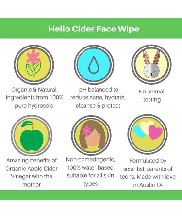 Organic Apple Cider Vinegar Acne Face Wipes | Tea Tree Rose Chamomile Witch Hazel | 25ct for All Skin Types | USA Hello Cider - Buy Online on GoSupps.com