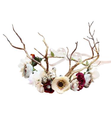 LLinfflr Deer Antler Hair Band Deer Headband with Flowers Antler Hair Hoop Flower Headband Party Cosplay Costume 5