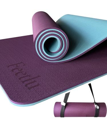 Feetlu Yoga Mat Thick with Strap, 2/5 Inch (10MM) - Extra Thick Yoga Mat Non Slip Workout Mat Double-Sided, Eco POE Yoga Mats for Women Men, Workout Mat for Yoga, Pilates, and Floor Exercises 2/5"x 24" x 72" Dark Purple/Blue Gray
