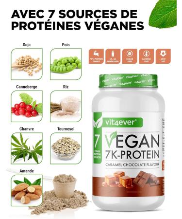 Vegan 7K Protein - 1kg - Caramel Chocolate - Purely Vegetable Protein Powder with Rice Almond Soy Peas Hemp Cranberry an - Buy Online on GoSupps.com