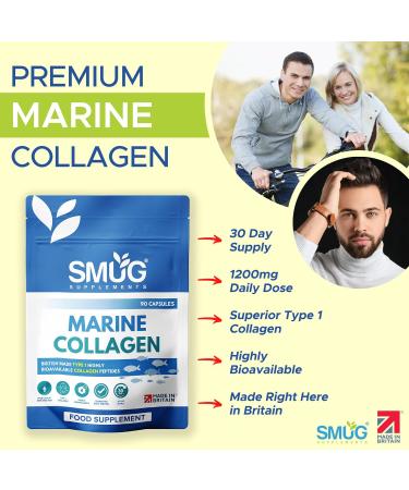 Marine Collagen British Made by SMUG Supplements - 90 Capsules - Type 1 Peptides - 1200mg Daily Serving of Collagen Powder in Three-a-Day Capsules - 30 Day Supply - Suitable for Both Men and Women - Buy Online on GoSupps.com