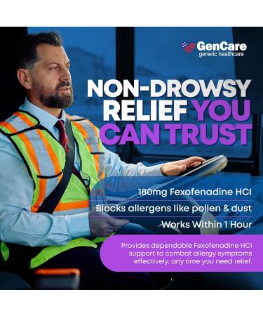 GenCare - Allergy Relief Pills | Fexofenadine HCl 180mg 50 Tablets | Non Drowsy Antihistamine Allergy Pills for Hay Fever Seasonal Allergies Outdoor & Indoor Allergies | Relieves Itchy Eyes & Nose 50 Count (Pack of 1) - Buy Online on GoSupps.com