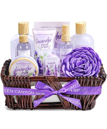 Green Canyon Spa Lavender Spa Gift Baskets for Women, Birthday Anniversary Gift Ideas 10 Pcs Spa Gift Sets with Handmade Weaved Basket Holiday Gift Set for Christmas Valentine's Day