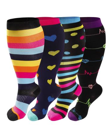 4 Pairs Plus Size Compression Socks for Women & Men Extra Wide Calf 20-30 mmhg Knee High Compression Stockings for Circulation Swelling Support A2 Assort 4 Pairs 2X-Large