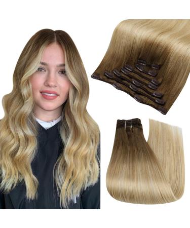 FSHINE CLIP Extensions real hair balayage 60cm chestnut brown ombr honey blonde mix platinum blonde hair extension smooth remy real hair extensions clip on thick hair 120g 7 pieces #6/26/60 2.8 clip #6/26/60 60cm