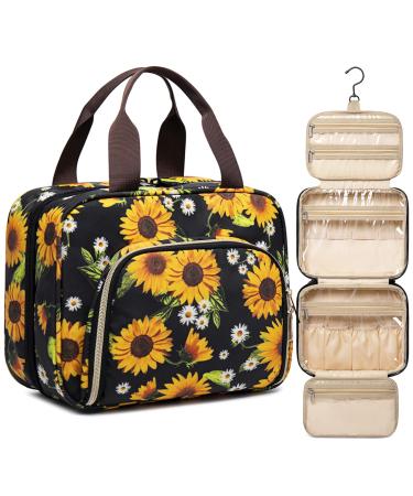 Hanging Toiletry Bag 4 Sections Travel Toiletry Bag Organizer Large Makeup Cosmetic Case for Women Water Resistant Travel Bag Container for Accessories, Full Sized Shampoo, Brushed Set-Sunflower Sunflowers Toiletry Bag