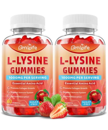 2 Pack L-Lysine 1000mg Gummies Chewable Lysine Supplement for Adults & Kids Essential Amino Acid Supplement for Immune Support Collagen Formation Support Strawberry 120 Count 120 Count (Pack of 1)