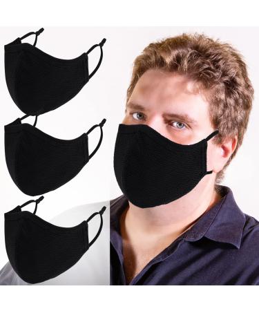 Extra Large Face Masks Breathable 3-Ply Cloth Face Mask Adjustable Ear Loops for Big Face Reusable Washable Black Cotton Masks for Adult Men (XL-Black-for Big/Beard Face Adults/Men)