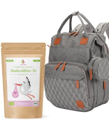 JOVITEA diaper bag/wrappack gray - multifunctional bag including wrap pad pacifier holder - Henkel for strollers + jovitea bio raspberry leaves - herbal tea pregnancy tea 80 g 1x raspberry leaf tea + 1x wrapping bag