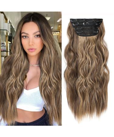Clip in Hair Extensions-20 Inches Long Wavy Synthetic Hair Extension 4PCS Thick Hairpieces Fiber Double Weft Hair for Women (20 Inch  Ombre Honey Blonde) 20 Inch Ombre Honey Blonde