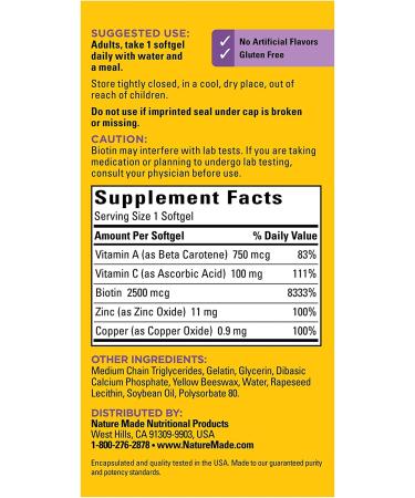 Nature Made Hair Skin and Nails with Biotin 2500 mcg 120 Softgels - Healthy Hair Skin and Nails Support - Buy Online on GoSupps.com