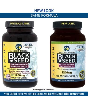 Amazing Herbs Black Seed Oil Pills 1250mg - 100 Softgel Capsules | Cold-Pressed, Non GMO | Packaging May Vary, New Label Coming Soon - Buy Online on GoSupps.com