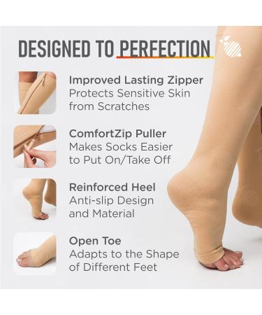 Compression Stockings with Zipper - 20-30 mmHg Open Toe Skin Protective - Medical Compression Gear for Men & Women (Beige) - 1 Pair - Buy Online on GoSupps.com
