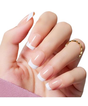 Beetles Jelly Press On Nails Nude Pink Short Square French Nails Reusable Full Cover Stick on Nails with Nail Charms in 12 Sizes - 24 Nail Kit with 10ml Quick-drying Nail Glue & Nail File P-1-Nude Pink French 0.08 Fl Oz (Pack of 24)