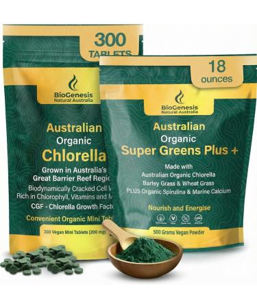 Biogenesis Energy & Immunity Set Includes Organic Chlorella Mini Tablets (300 Count) and SuperGreens Plus Powder (500g) Nutrient-Dense Australian Greens for Daily Vitality