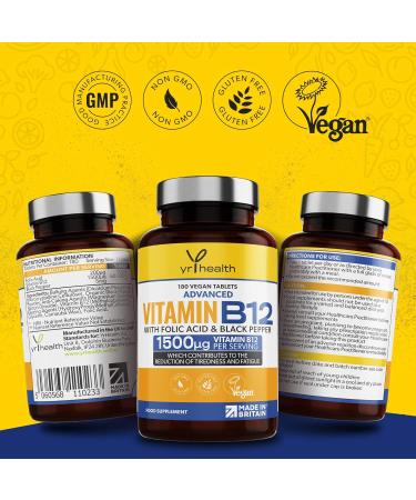 Vegan Vitamin B12 Tablets 1500mcg Methylcobalamin High Strength with Added Folic Acid & Black Pepper - 180 Tablets (6 Month Supply) - Reduction of Tiredness & Fatigue - Made in The UK by YrHealth - Buy Online on GoSupps.com