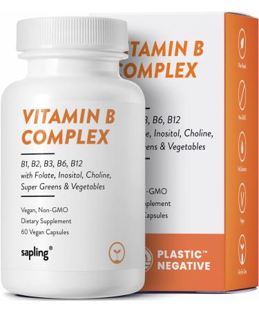sapling Vegan Vitamin B Complex - Whole Food Blend with Essential B Vitamins B1 B2 B3 B5 B6 B7 Folate B12-60 Caps