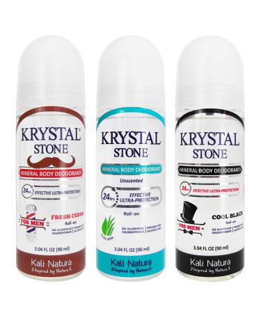 Deodorant For MEN 3-Pack Roll On Potassium Alum with Essential Oil Blends - Unscented COOL BLACK and FRESH CEDAR - VEGAN. CRUELTY FREE. ECO-FRIENDLY