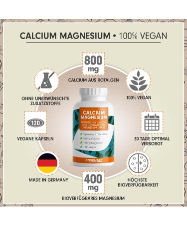 Calcium & Magnesium 800mg - Vegan High-Dose 2x120 Capsules | Bioavailable Red Algae & Magnesium Citrate | Made in Germany - Buy Online on GoSupps.com