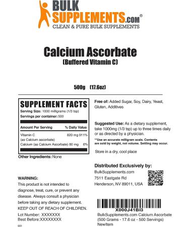 BulkSupplements Calcium Ascorbate Powder - Buffered Vitamin C 1000mg - 500 Servings (500g) - Buy Online on GoSupps.com
