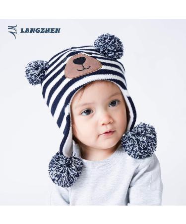 LANGZHEN Toddler Winter Hat with Earflap, Fleece Lined Beanie for Boys & Girls 2-4 Years - Navy Stripe + Polar Bear Navy - Buy Online on GoSupps.com