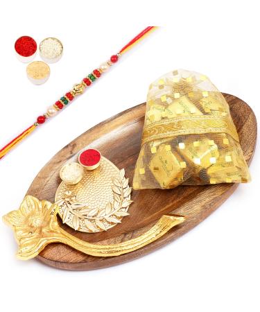Ghasitaram Gifts Rakhi Gifts for Brothers Rakhi Sweets - Wooden Platter with Pooja Thali and MEWA Bites Pouch with Pearl Beads Rakhi Platter with Pooja Thali and MEWA Bites with Rakhi