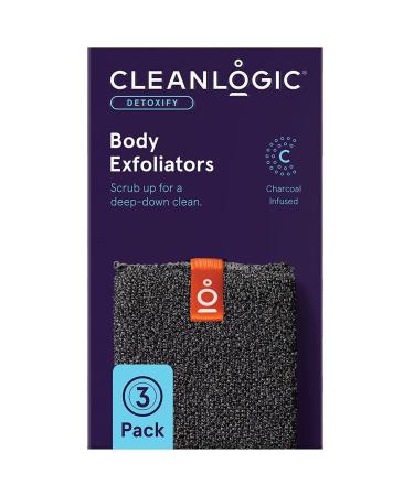 Cleanlogic Detoxify Purifying Charcoal Infused Exfoliating Body Scrubber Reusable Exfoliator Tool for Smooth and Softer Skin Daily Skincare Routine 3 Count Value Pack